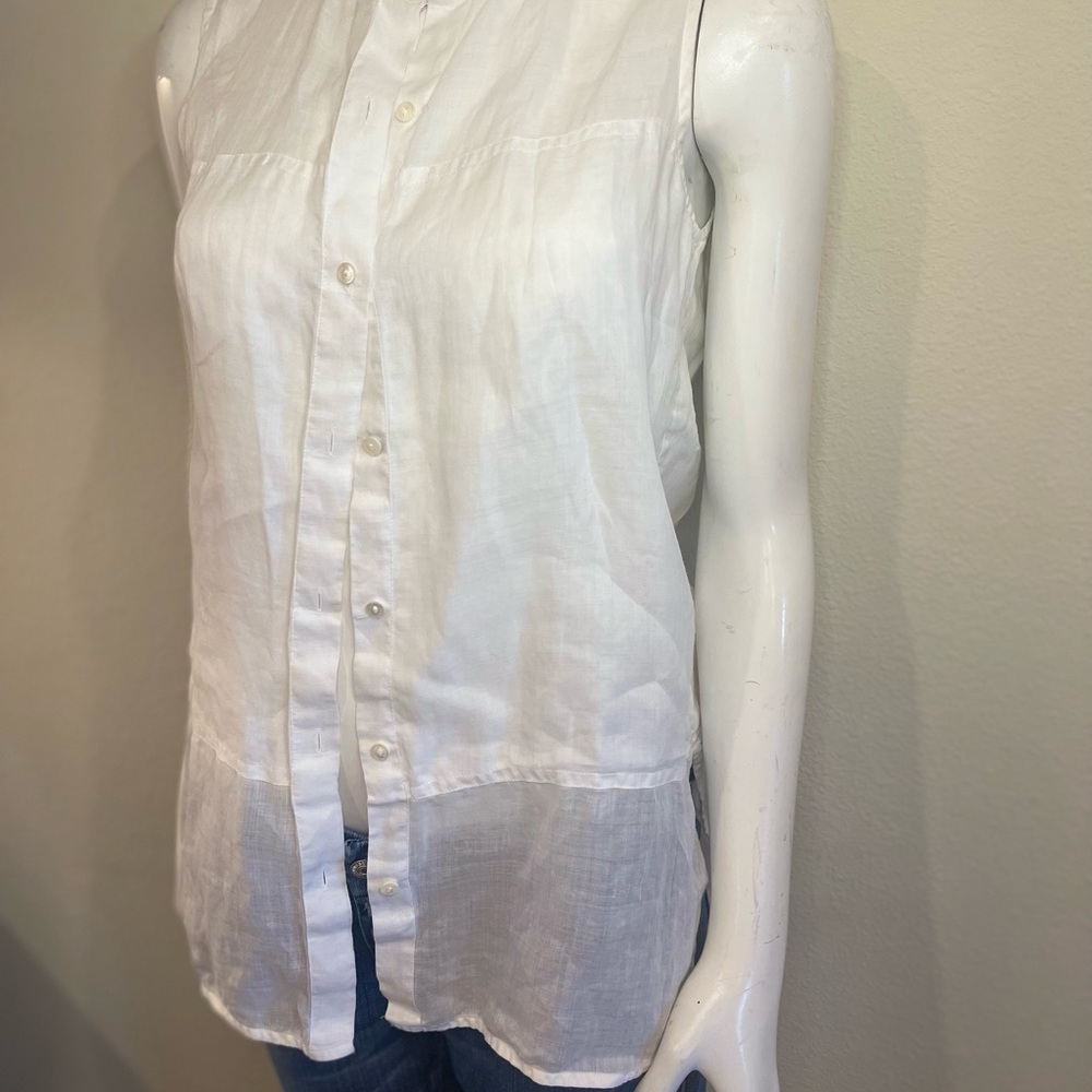 VINCE White Sheer Ramie Sleeveless ButtonUp